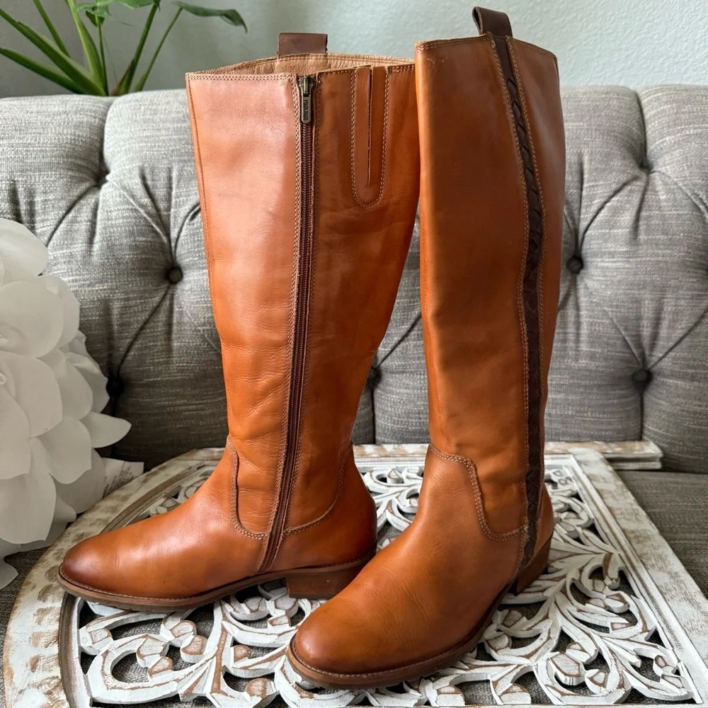 Pikolinos Tan Leather Tall Riding Boots Women’s 39 8.5 Braided Detail Zip Up - Picture 8 of 16